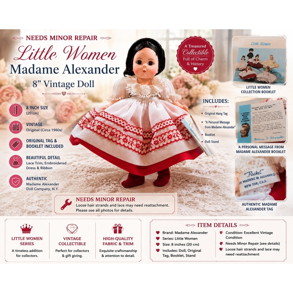Madame Alexander Little Women Ruth Doll Tagged w/ Stand Needs Repair